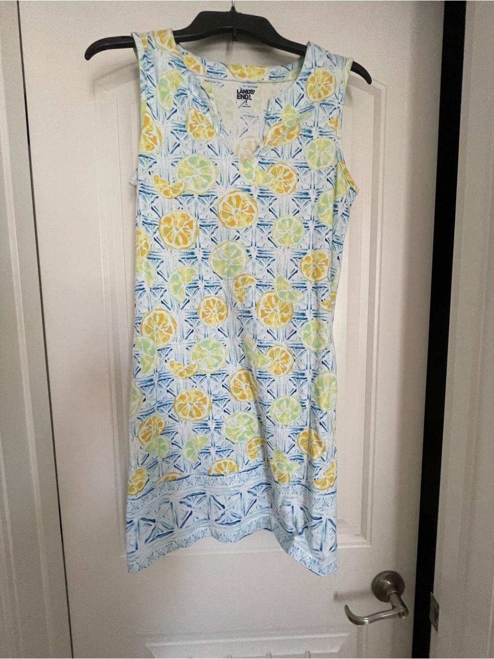Lands' End Sleeveless Midi Dress in Yellow and Blue Citrus Print